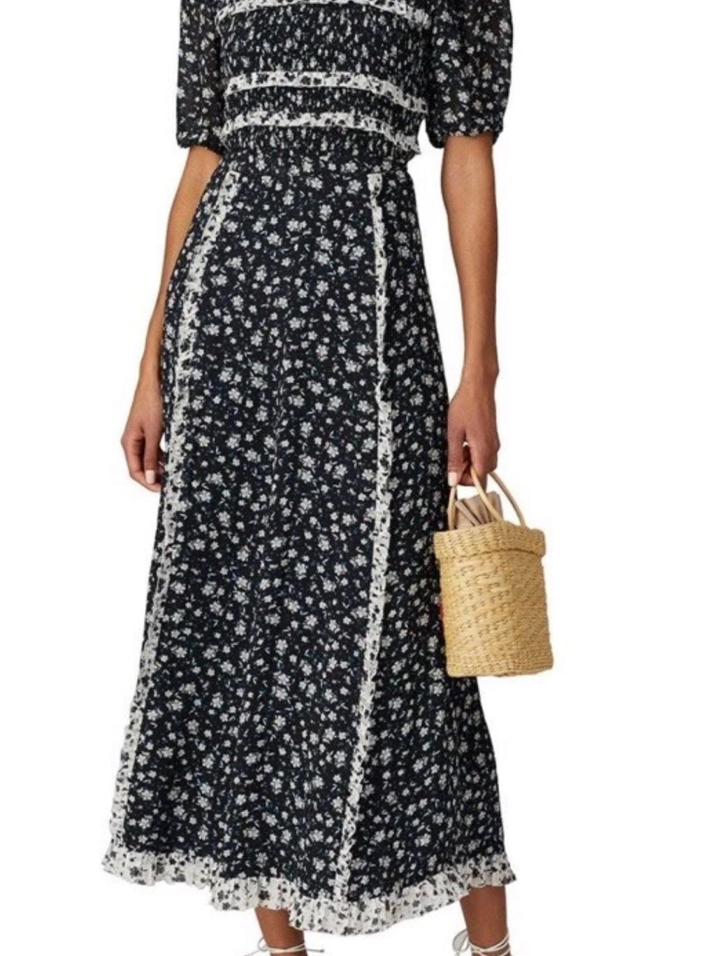 Monique Lhuillier Black And White Smocked Puff-Sleeve Blouse